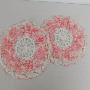Pink and White Double Layer Handmade Doily Lot of 2 Round 10.5" Diameter Vintage